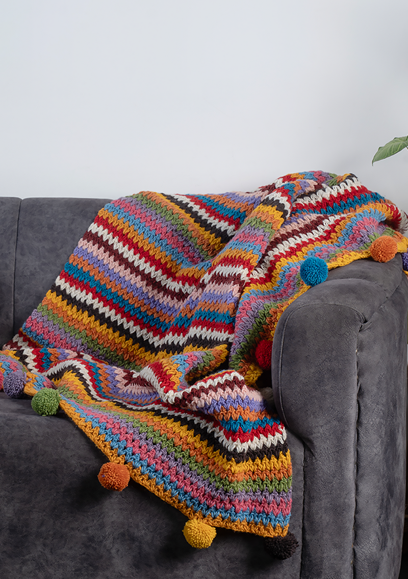 Rainbow Multicolor Hand Knitted Pom Pom Woolen Blanket