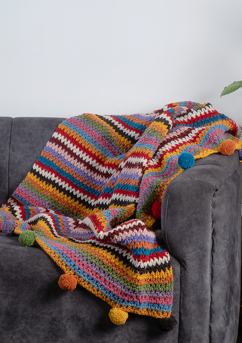 Rainbow Multicolor Hand Knitted Pom Pom Woolen Blanket