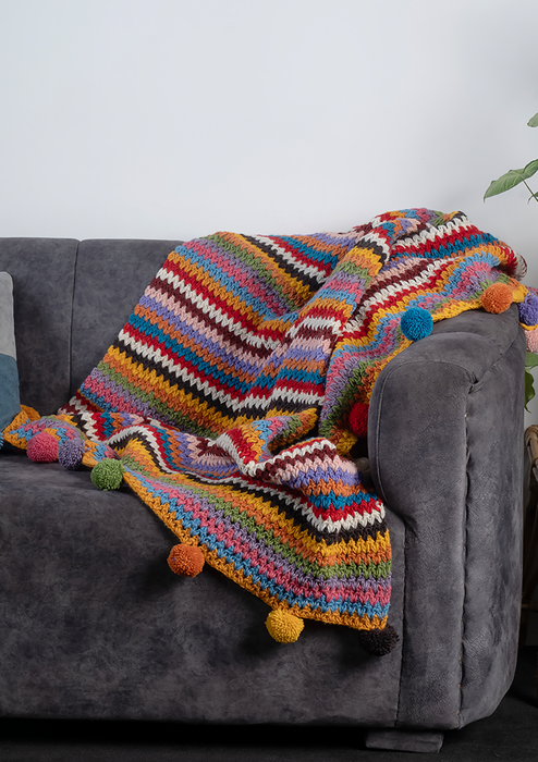 Rainbow Multicolor Hand Knitted Pom Pom Woolen Blanket