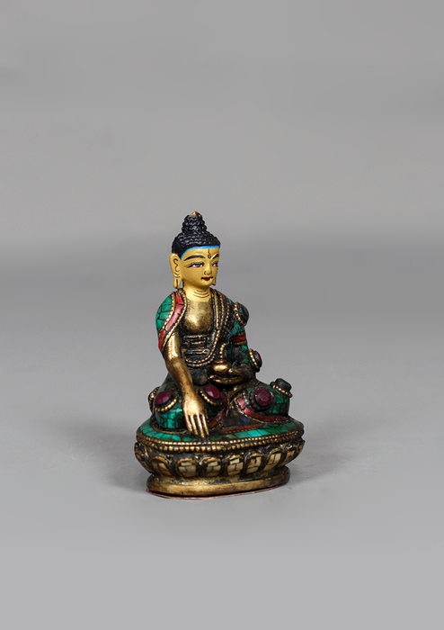 Stone Inlaid Copper Shakyamuni Buddha Statue 3.25" H