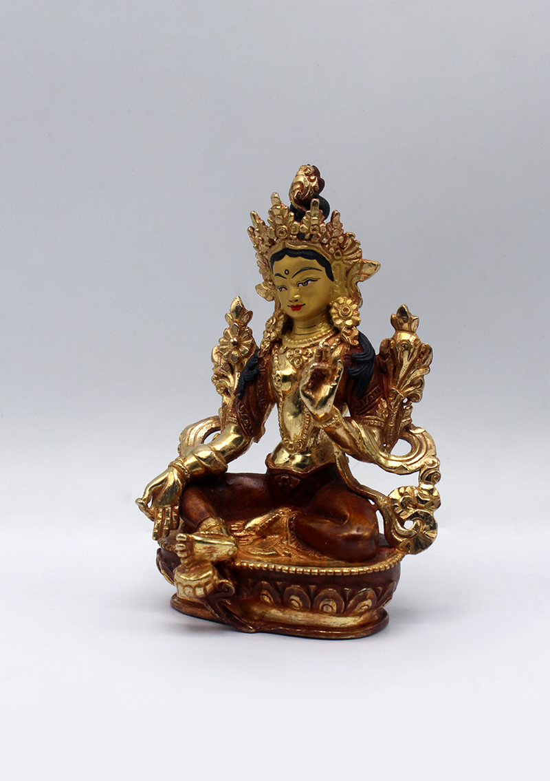 Partly Gold Plated Green Tara Statue 5.5" H