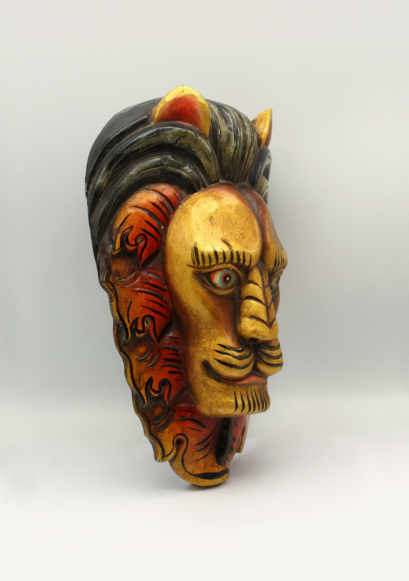 Handcarved and Painted Wooden Lion Head Wall Hanging Mask