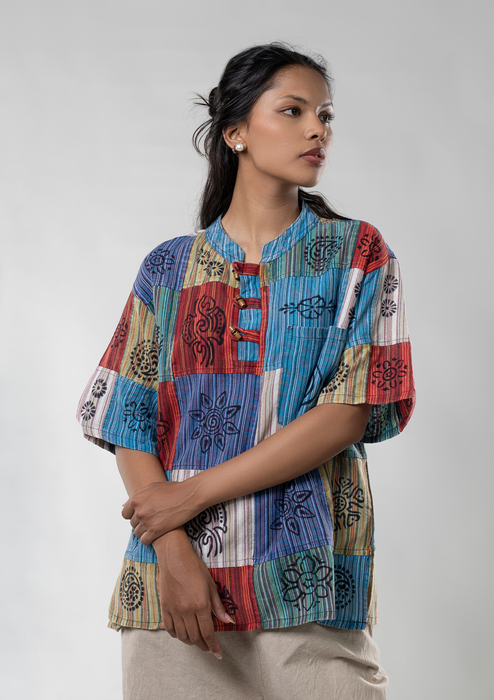 Multicolored Hippie Style Cotton Kurta Shirt - Half Sleeves