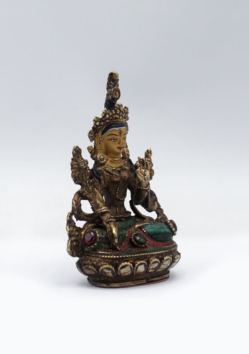 Stone Inlaid Copper White Tara Statue 3.5"H