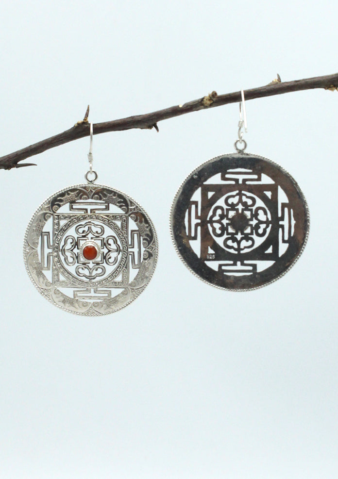 Sterling Silver Coral Inlaid Mandala Earrings Large