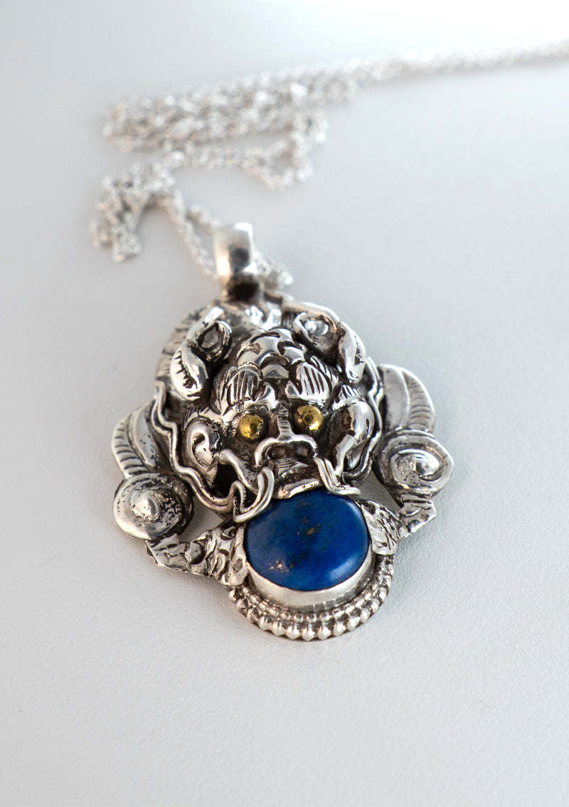 Sterling Silver Lapis Lazuli Dragon Pendant with Chain