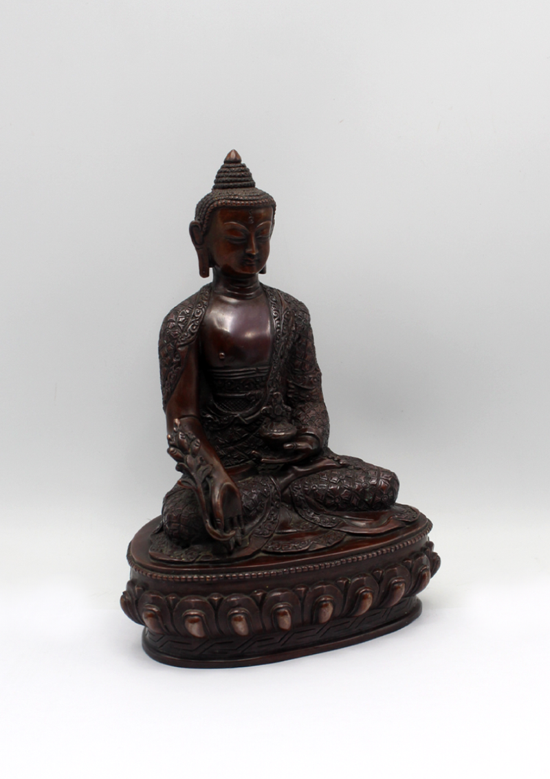 Copper Medicine Buddha Carved Statue 9" H