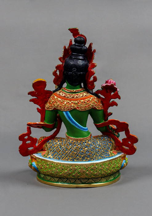 Green Tara Handpainted and Partly Gold Gilded Statue