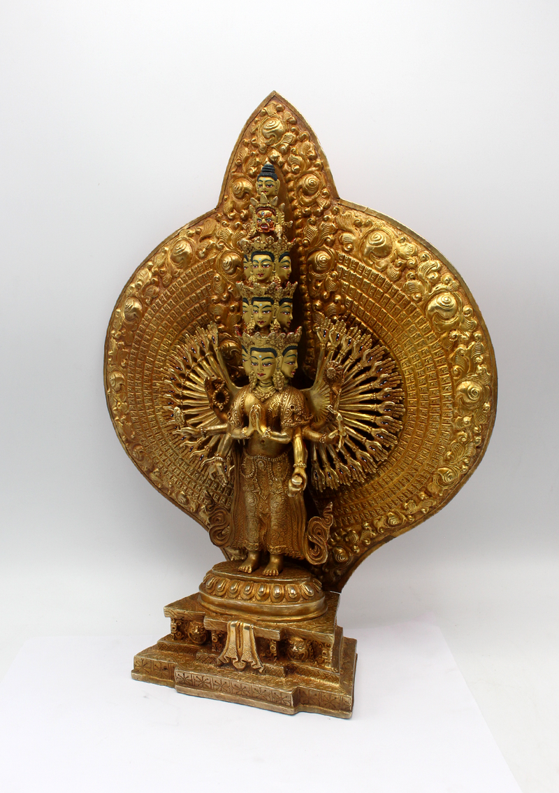 Thousand Arms Bodhisattva Avalokiteshvara Statue Antique Gold Patina 14.5"