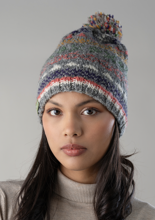 Woolen  Grey Multicolored Sherpa Pom Pom Beanie