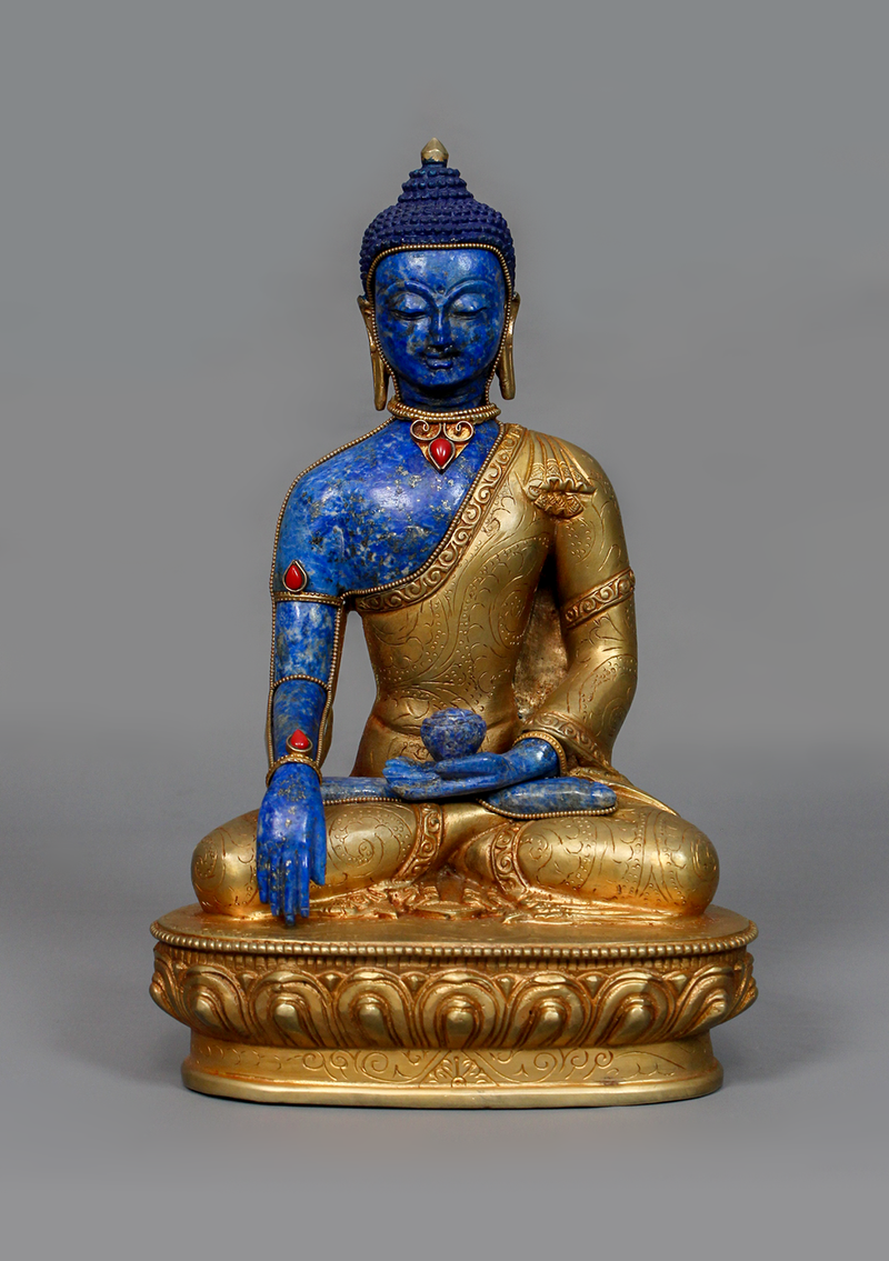 Lapis Lazuli Gold Plated Shakyamuni Buddha Statue 9"H