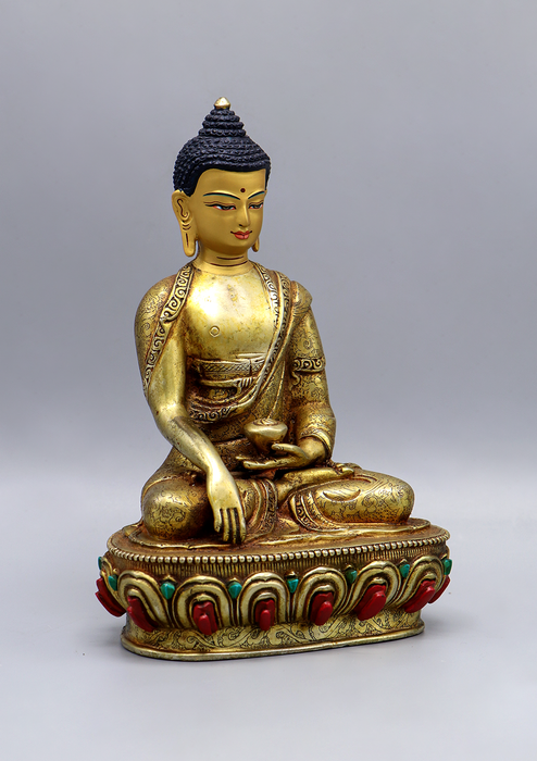 Fully Gold Plated Stone Inlaid Shakyamuni Buddha Statue
