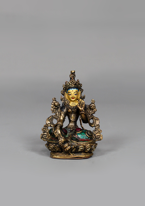Stone Inlaid Copper Green Tara Statue 3" H