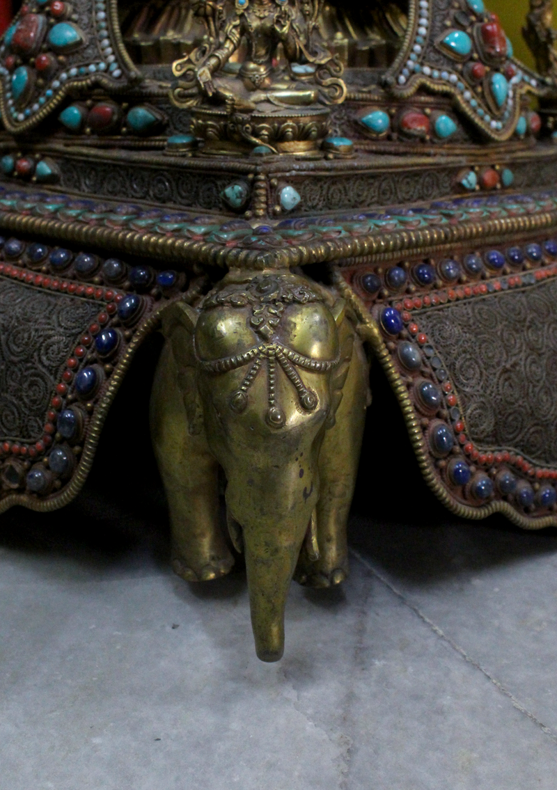Elephant Guardian Serenity: Five Buddha Crystal Stupa Bowl Enhanced with Turquoise, Coral, and Lapis Lazuli Stones