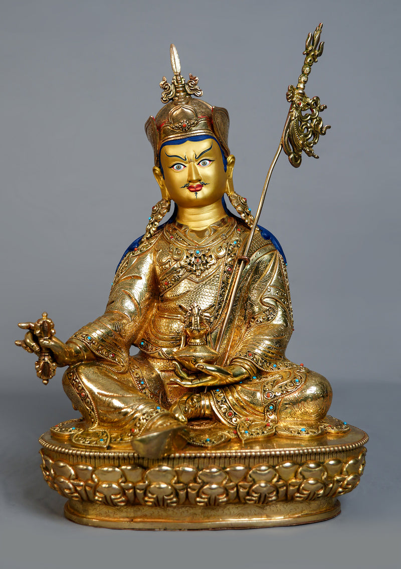 Masterpiece Fully Gold Plated Guru Rinpoche (Padmasambhava) Statue – Sacred Tibetan Buddhist Art | 14” H