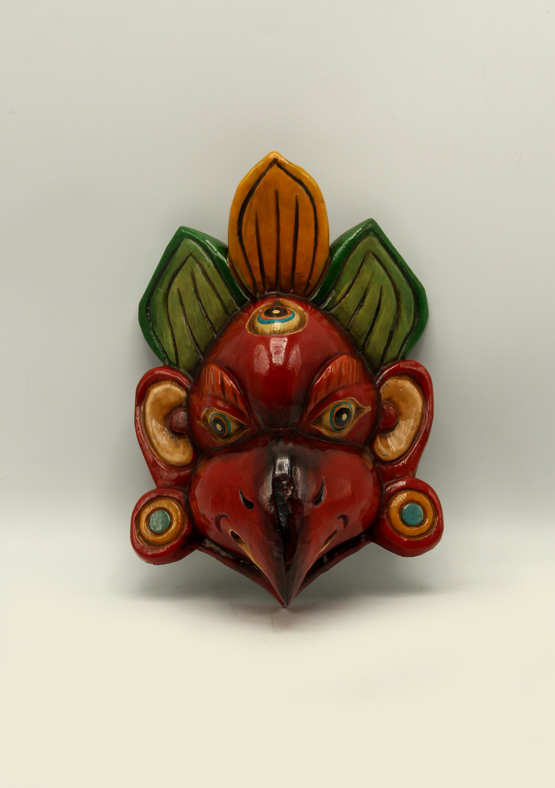 Handcarved and HandPainted Wooden Garud Wall Hanging Mask - Red