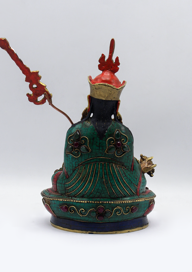 Stone Inlaid Copper Guru Padmasambhava Statue 8.5"H