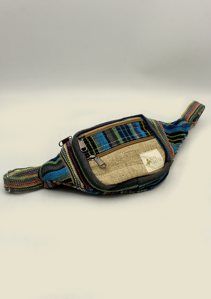 Bhutan Arts Blue Stripe  Hemp Fanny Pack, Hemp Waist Utility Belt