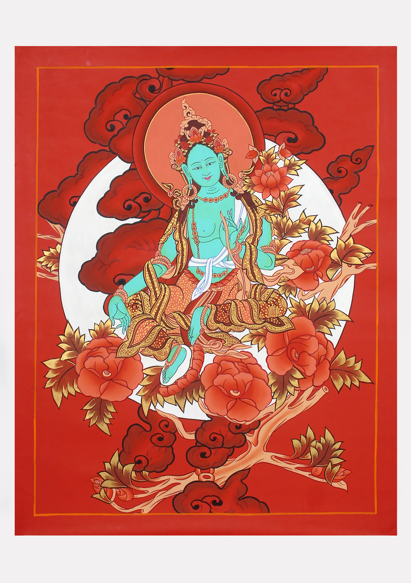 Hand-Painted Green Tara Thangka with Lunar and Cloud Design