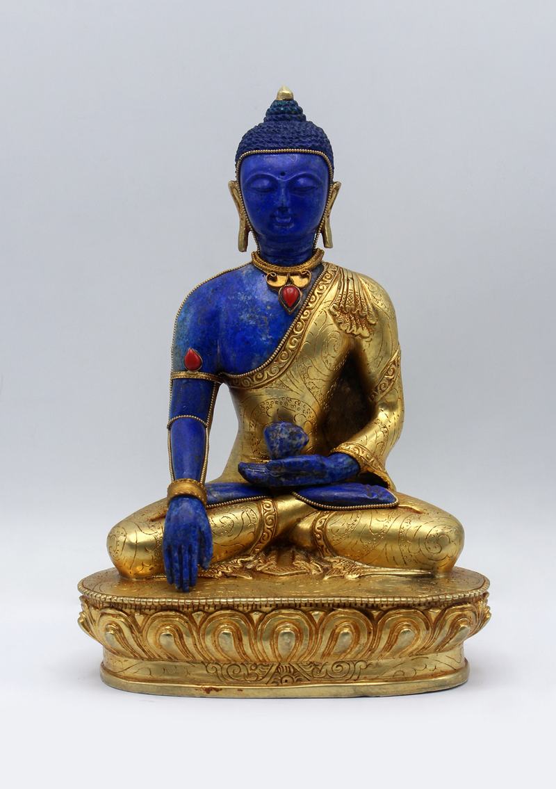 Lapis Lazuli Gold Plated Shakyamuni Buddha Statue 9"H