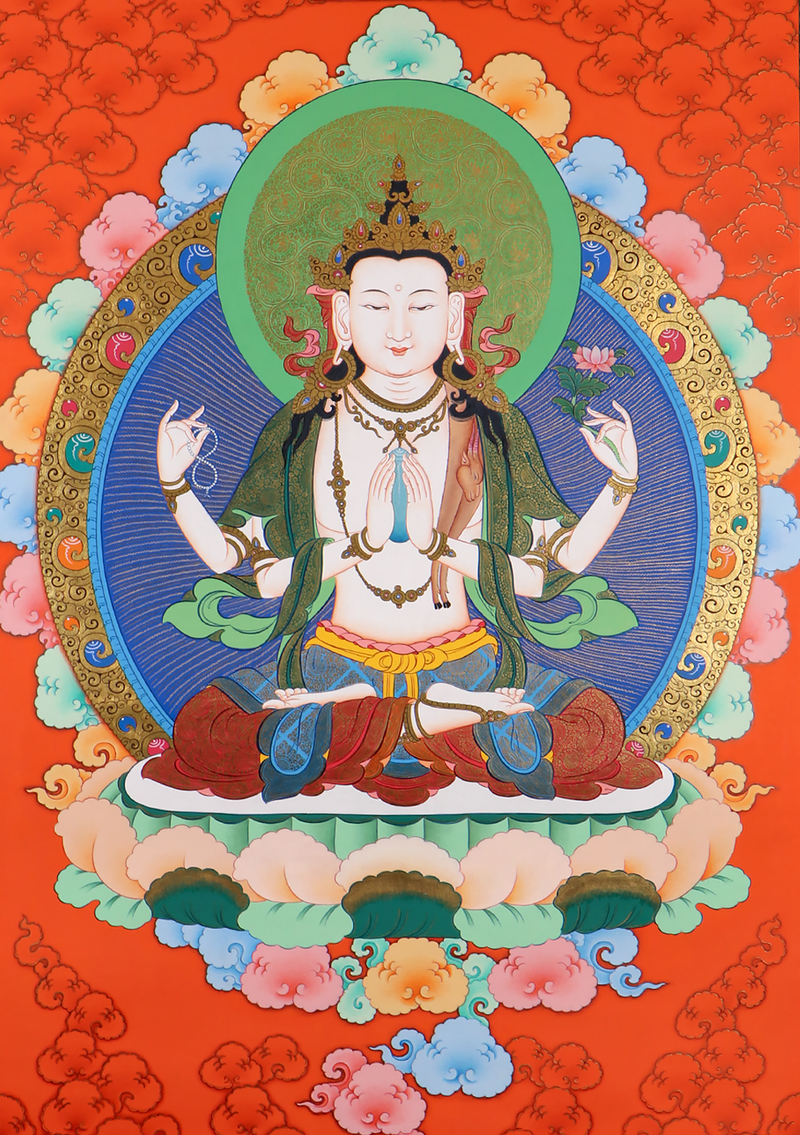 Chenrezig Thangka Painting Red Gold Background