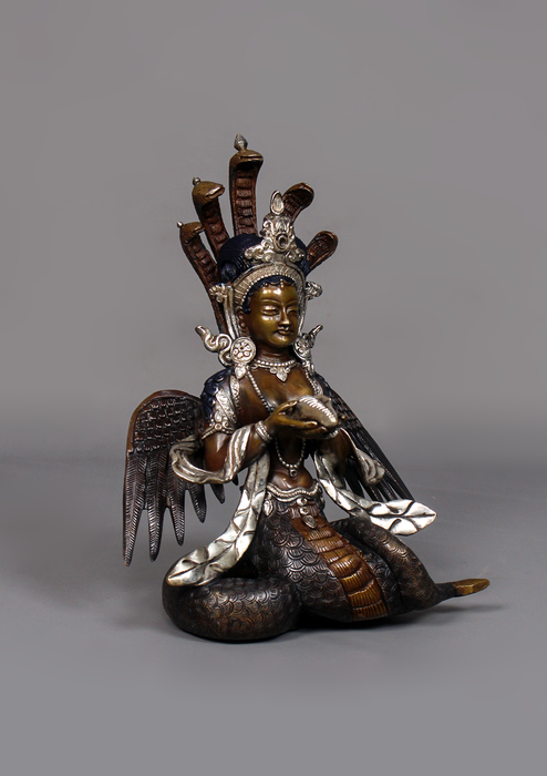 Copper Nagakanya Statue with Silver Highlights 8.7" H