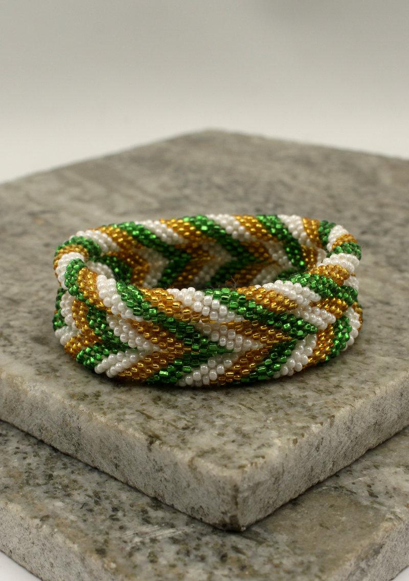 Gold  Green Twisted  White Roll on  Beads Bracelet