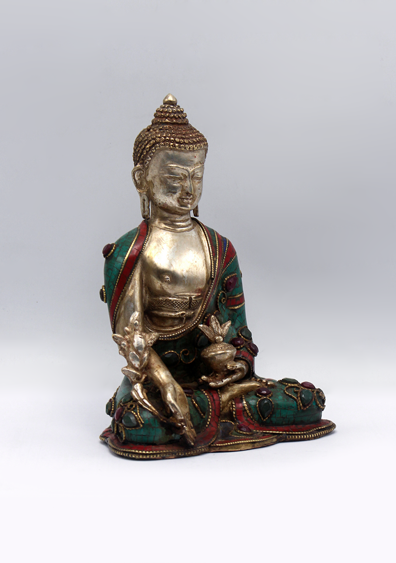 Stone Inlaid Copper Silverplated Medicine Buddha Statue 6.5"H