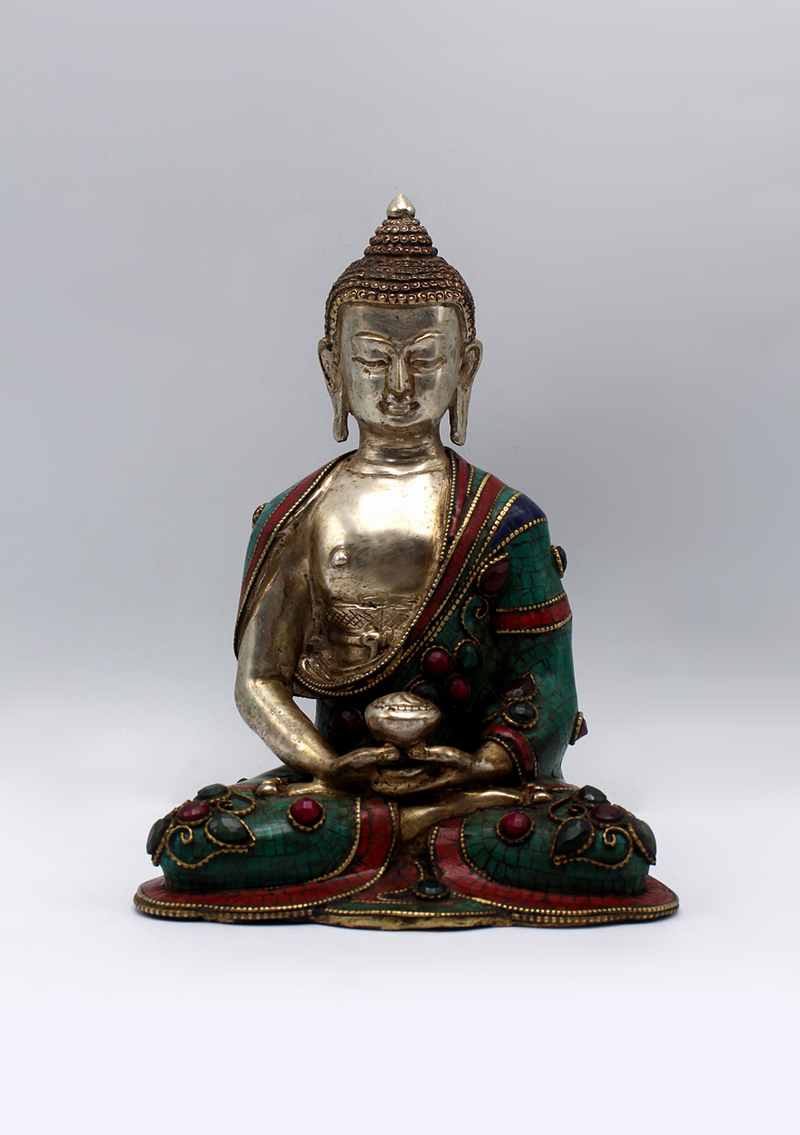 Stone Inlaid Copper Silverplated Amitabha Buddha Statue 6.5"H