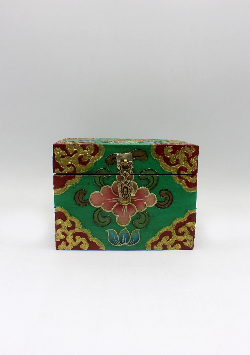 Handpainted Tibetan Wooden Boxes with Dharmachakra- Small