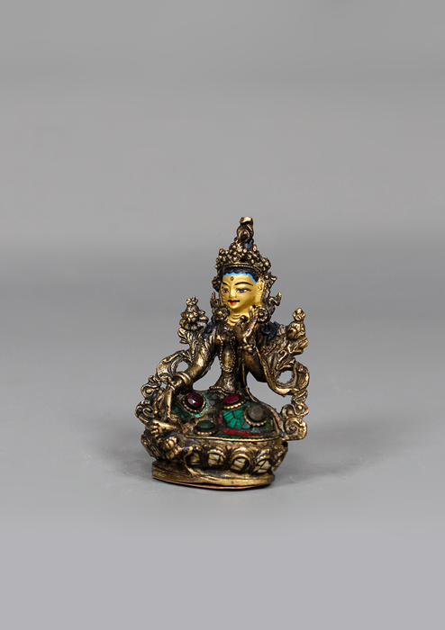 Stone Inlaid Copper Green Tara Statue 3" H