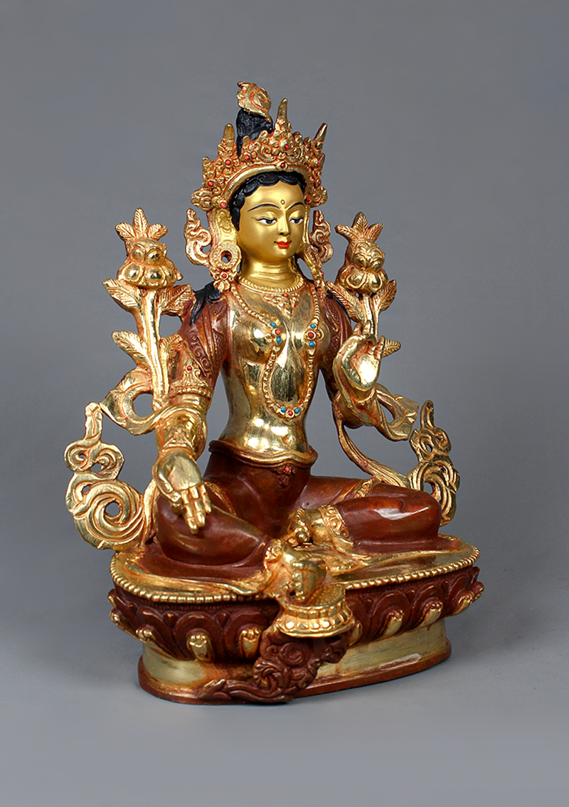 Green Tara  Partly Gold plated Statue 8.5" H
