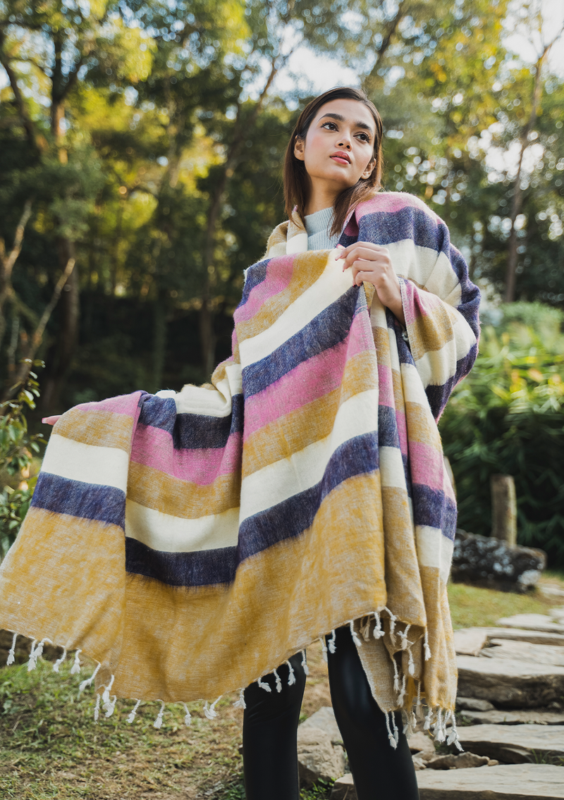 Baby Pink Beige White Stripe Hand-loomed Soft Yak Wool Blanket
