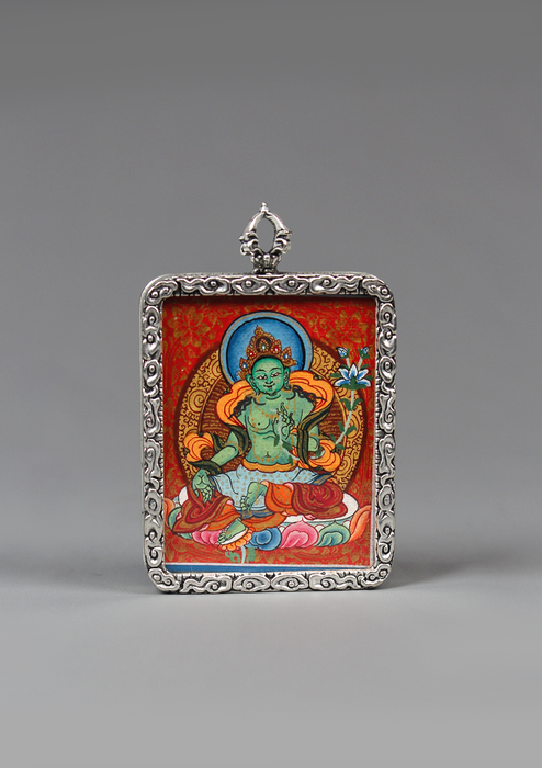 Green Tara Hand Painted Mini Thangka Amulet Pendant