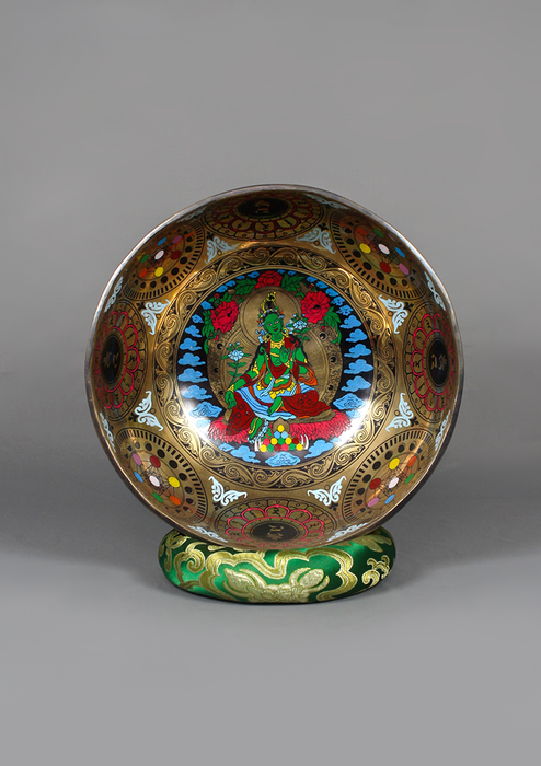 Green Tara Thangka arts Painted. Singing Bowl 9"