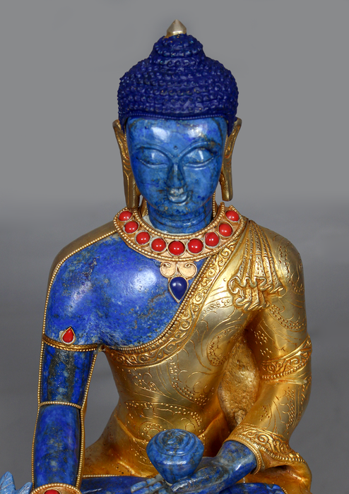 Lapis Lazuli Gold Plated Medicine Buddha Statue 12" H