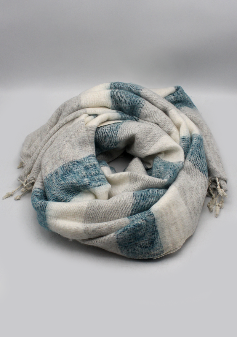 Hand-loomed Beige Blue  Yak Wool Blanket