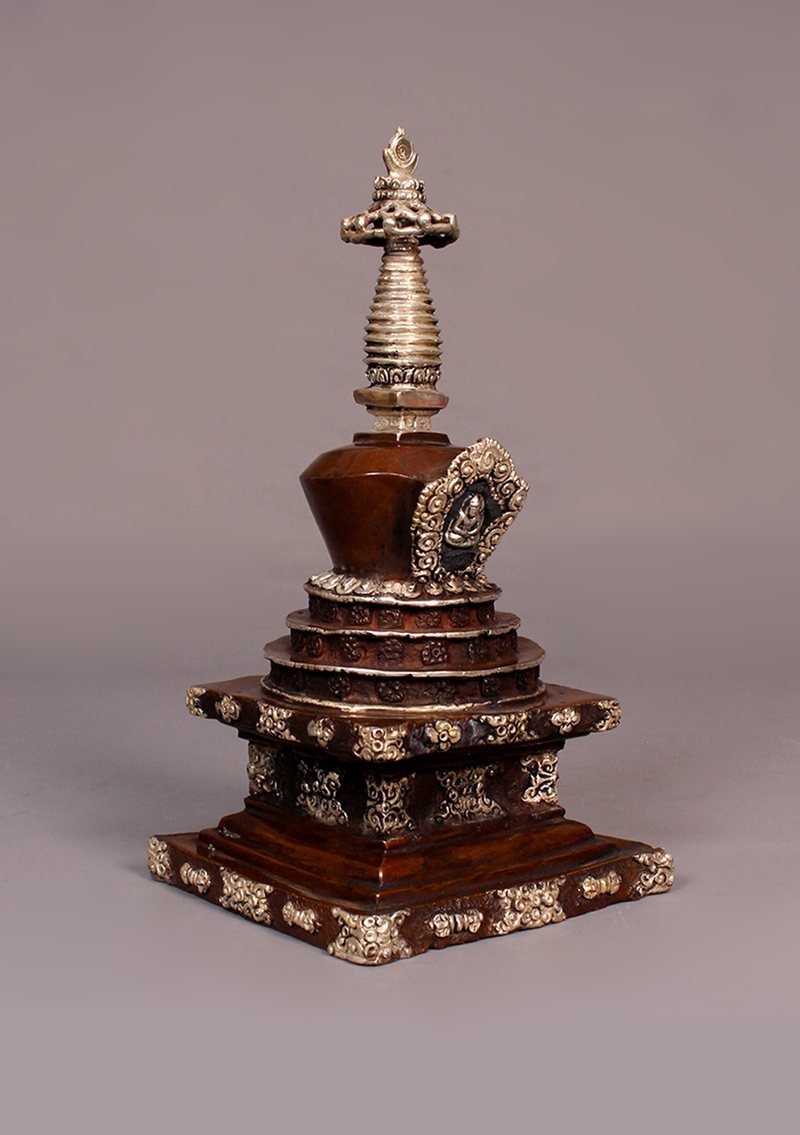 Silver Copper Tibetan Chorten Stupa 9"H