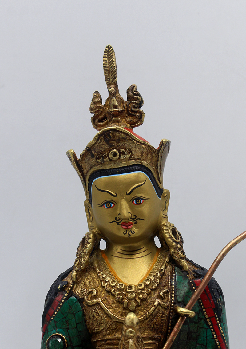 Stone Inlaid Copper Guru Padmasambhava Statue 8.5"H