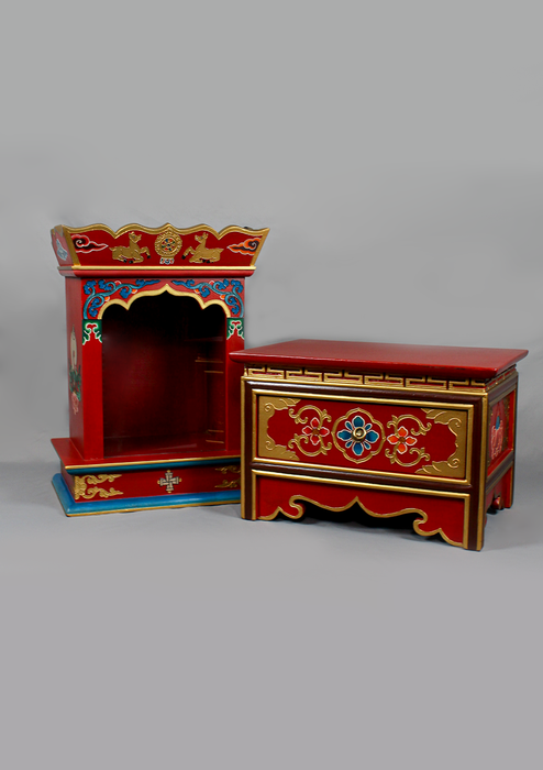 Handpainted Tibetan Wooden Shrine Box Table with Drawer