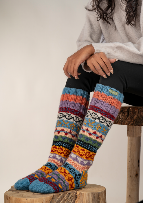 Orange Blue Multicolor Woolen Knee High Socks