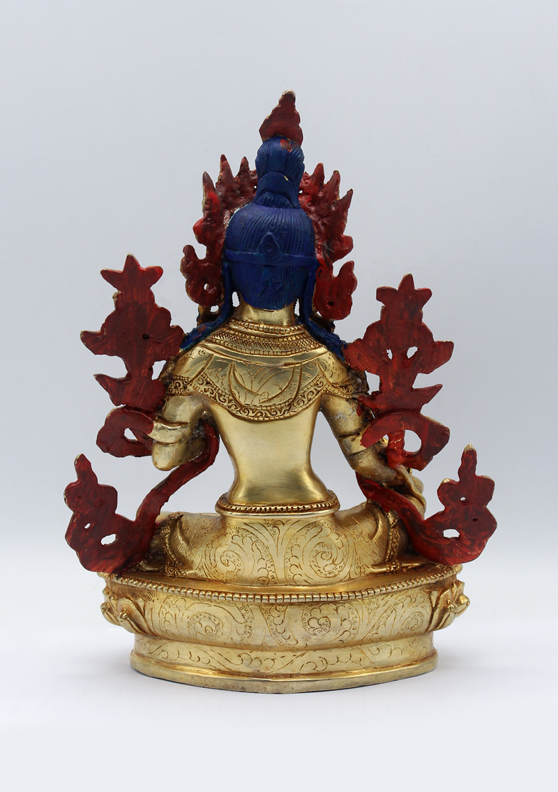 Gold Plated  Green Stone Green Tara Statue 9"H