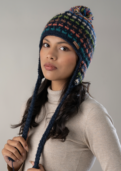 Handknitted Deep Blue Multicolor Dotted Pompom Sherpa Cap
