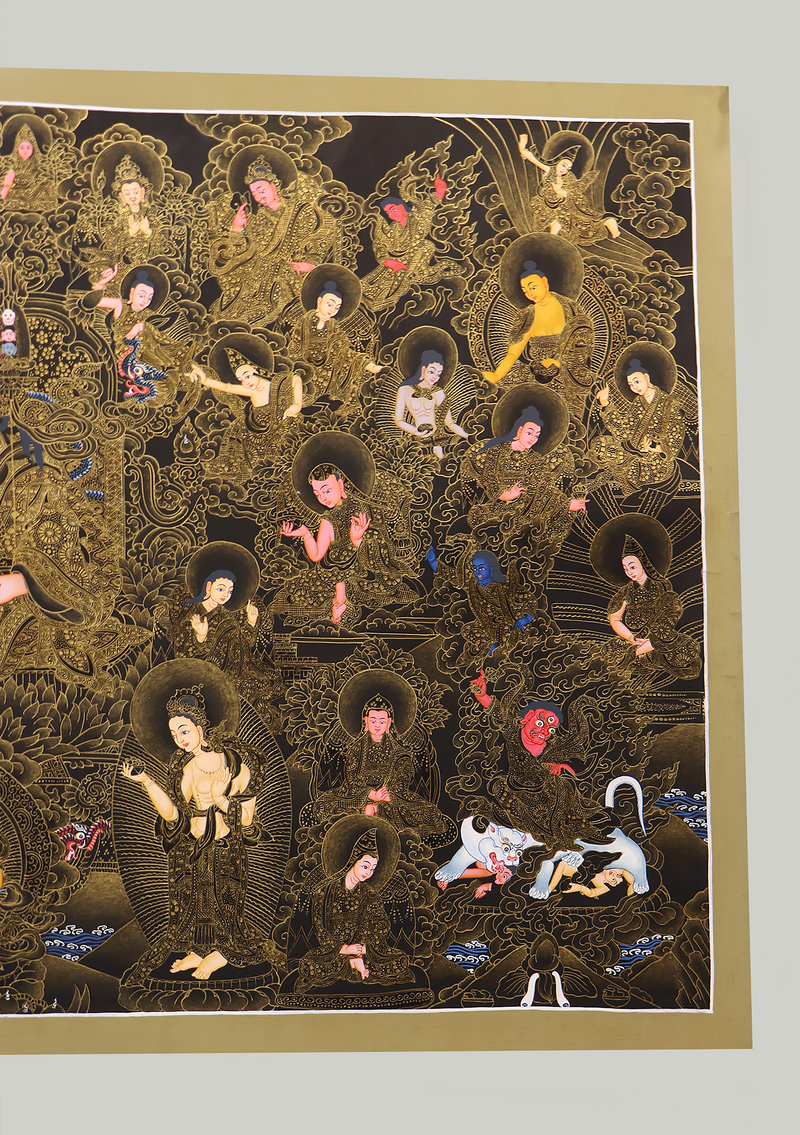 Guru Padmasambhva 24 K Gold with 24 Disciples Horizontal Thangka Painting