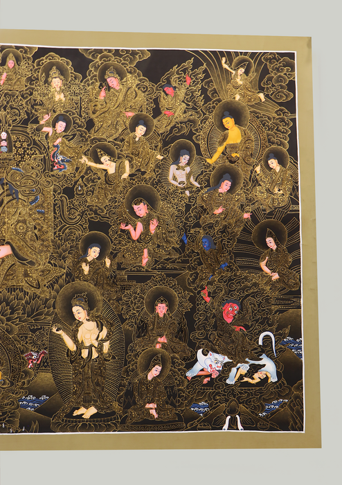 Guru Padmasambhva 24 K Gold with 24 Disciples Horizontal Thangka Painting