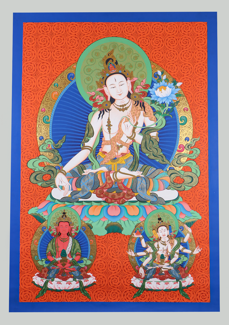 White Tara Thangka Painting  Red Background