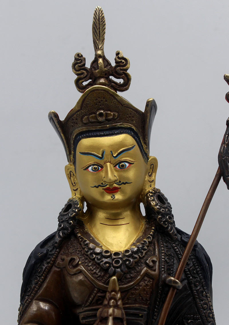Gold Face Painted Copper Guru Padmasambhava Statue 8.5"H
