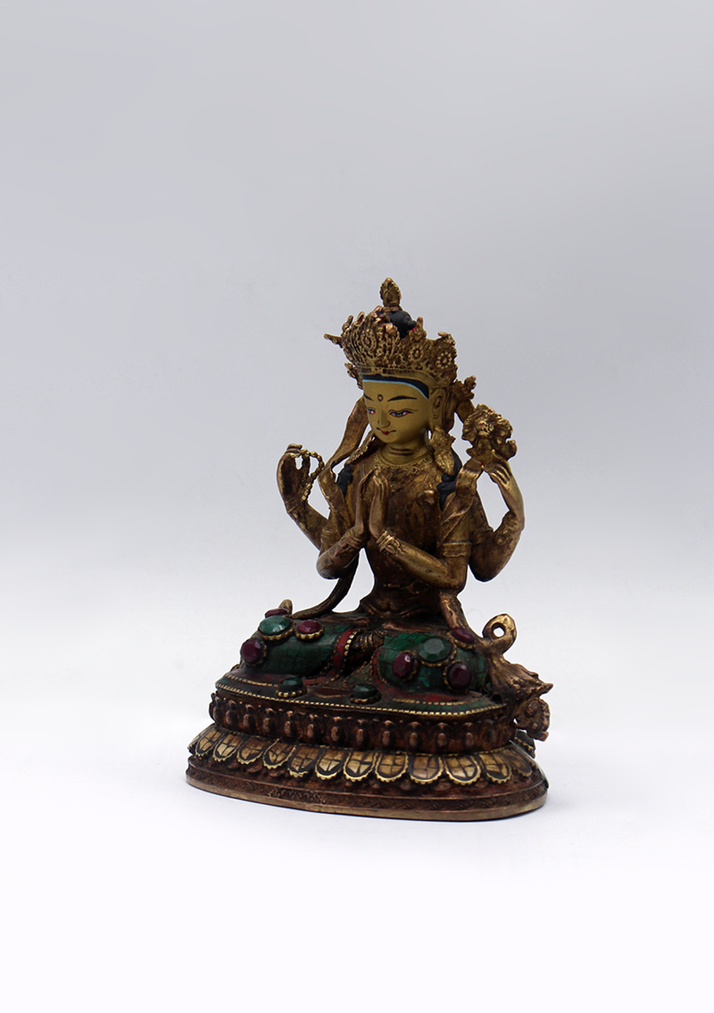 Stone Inlaid Copper Chenrezig Statue 4.5"H