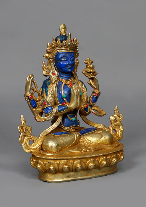 Gold Plated Lapis Lazuli Chenrezig Statue 8.75" H