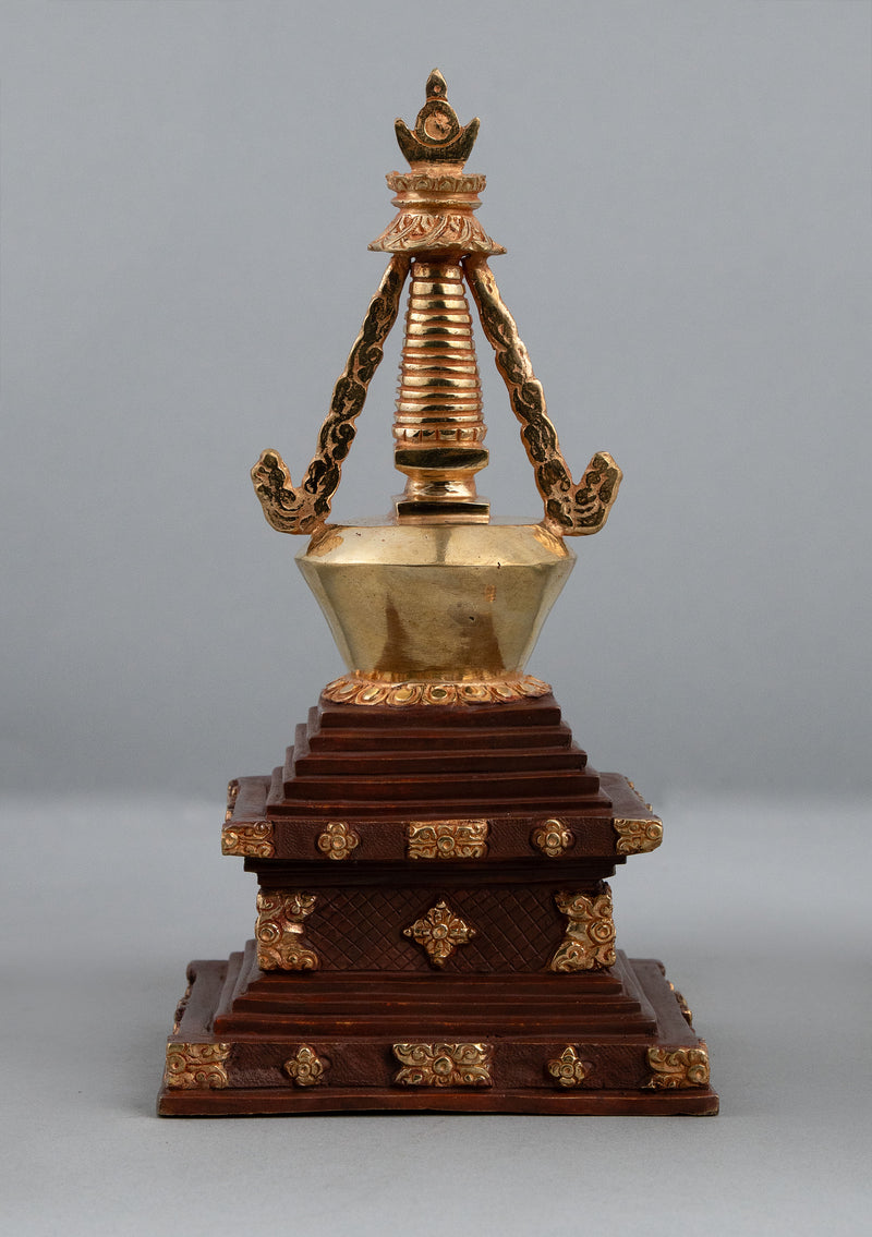 Partly Gold Plated Tibetan Stupa Chorten 9.5" H
